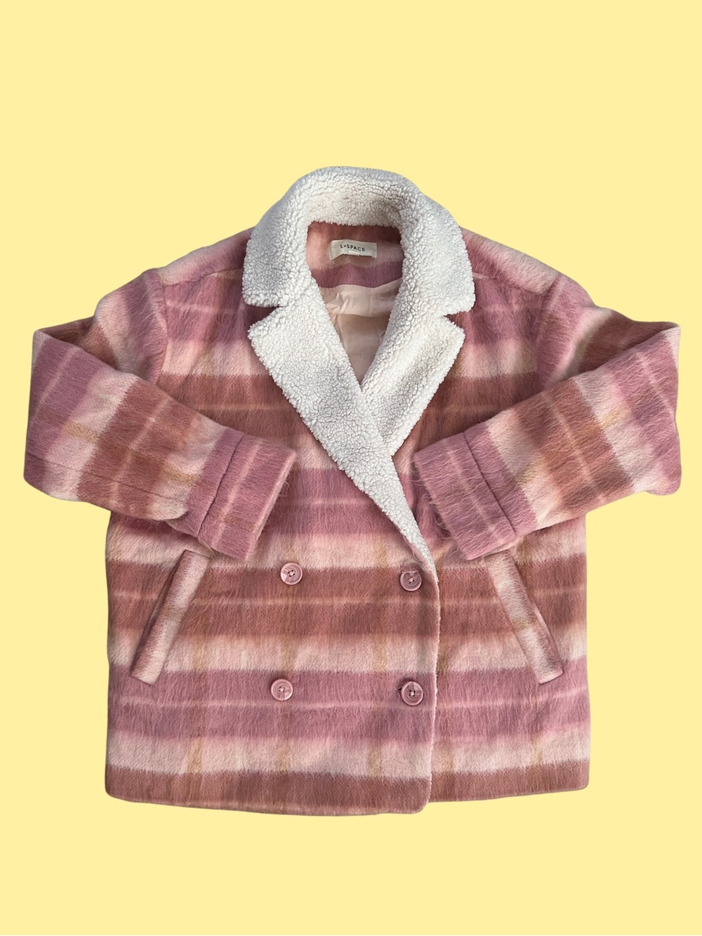 Pink & Brown Striped Pea Coat with Sherpa Collar L*SPACE $139 SIZE SMALL